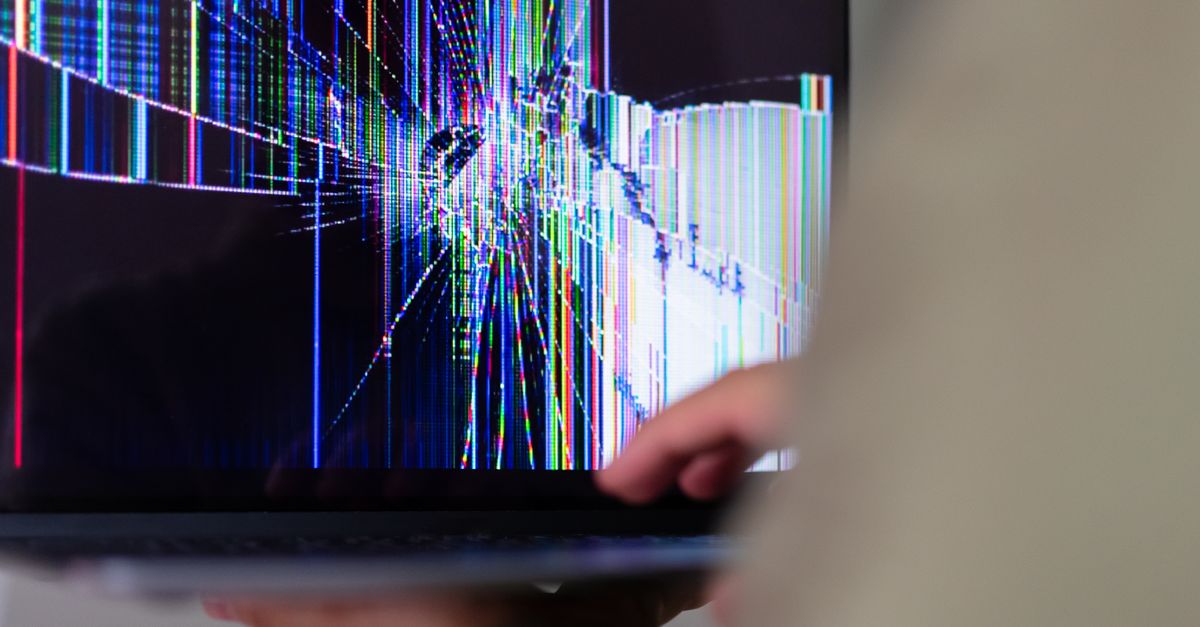close-up of a laptop screen displaying a flood of glowing five-star product reviews with a subtle glitch overlay