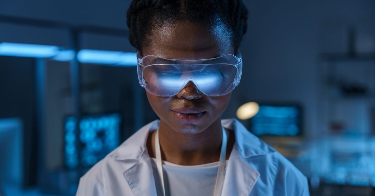 person wearing sleek smart glasses with health data overlay