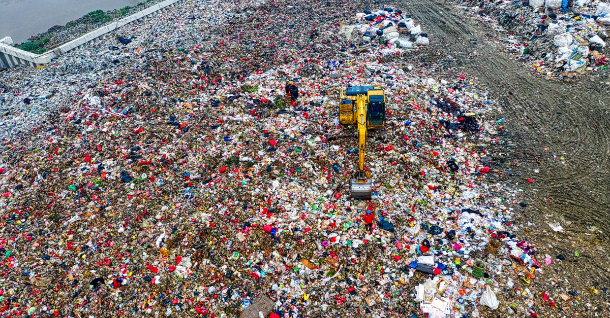 satellite constellation over Earth at dusk with robotic arm sorting recyclables